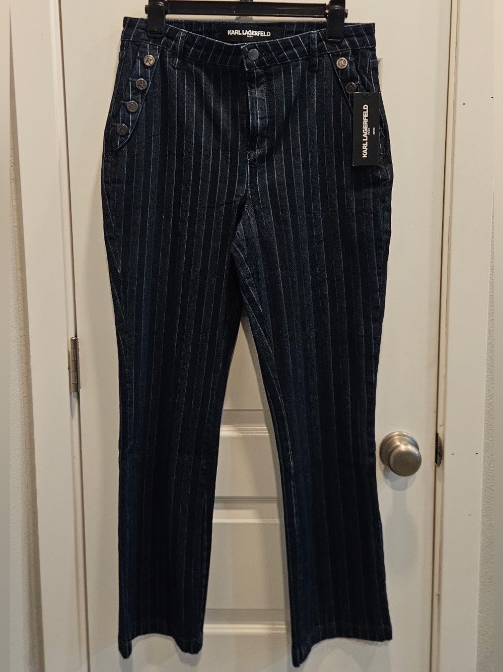 Karl Lagerfeld Women's Dark Navy Pinstripe Straight-Leg Jeans